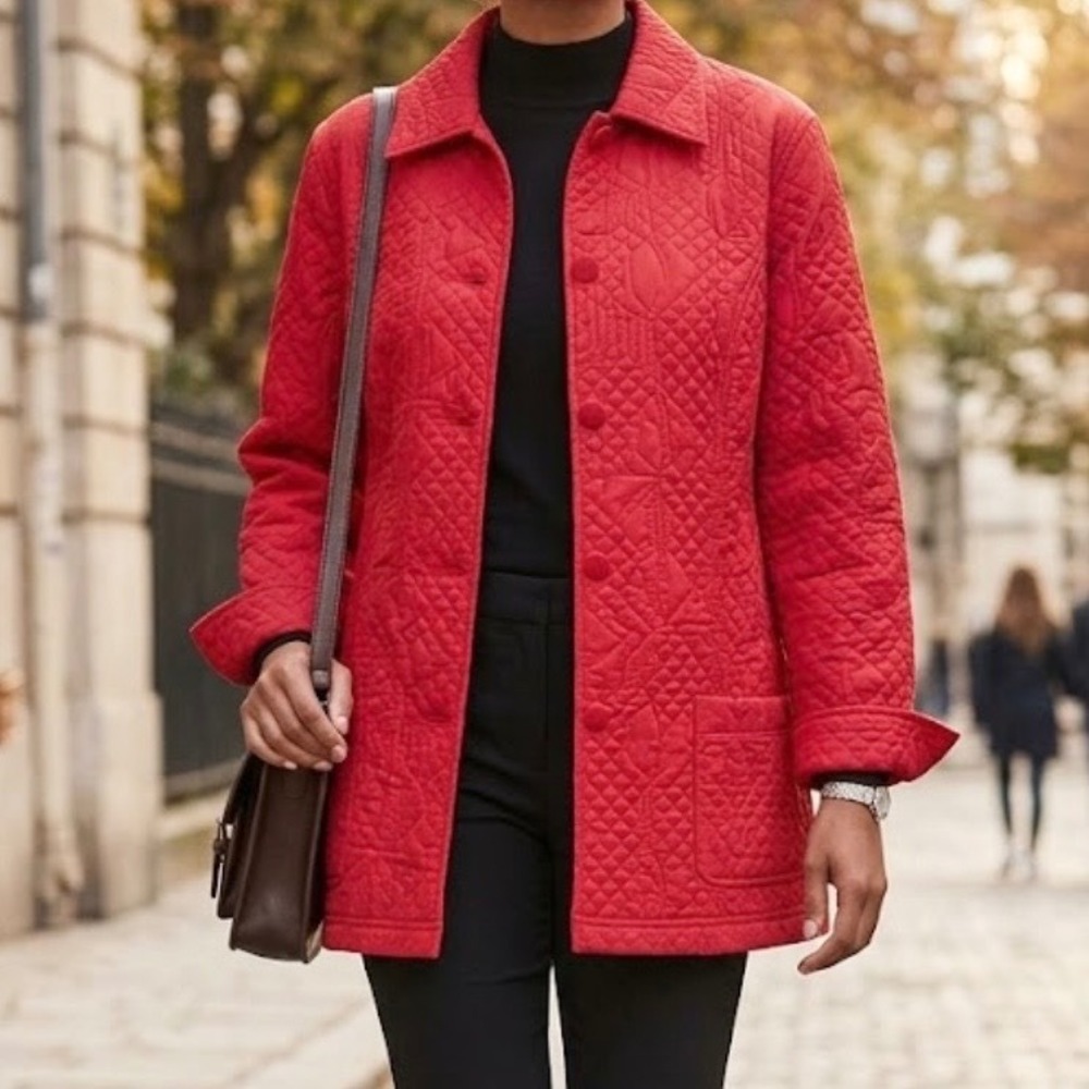 Coldwater Creek Red 100% Silk Quilted Button Front Barn Coat Jacket Size XL